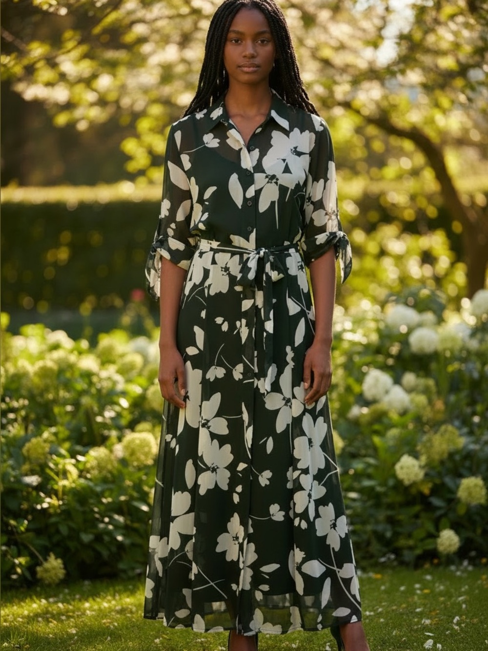 Black & White Floral Maxi Shirt Dress